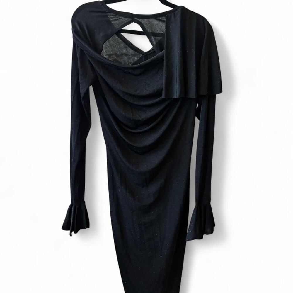 Black Draped Cutout Midi Dress – Minimalist Asymmetrical L - Picture 6 of 8